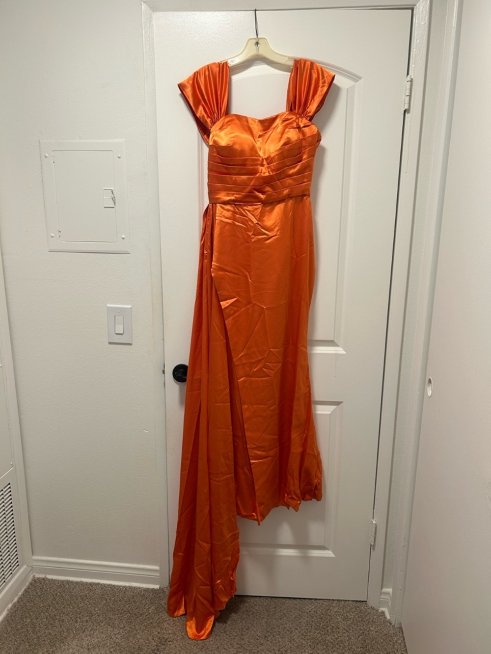 Satin Orange Evening Gown with Draped Detail